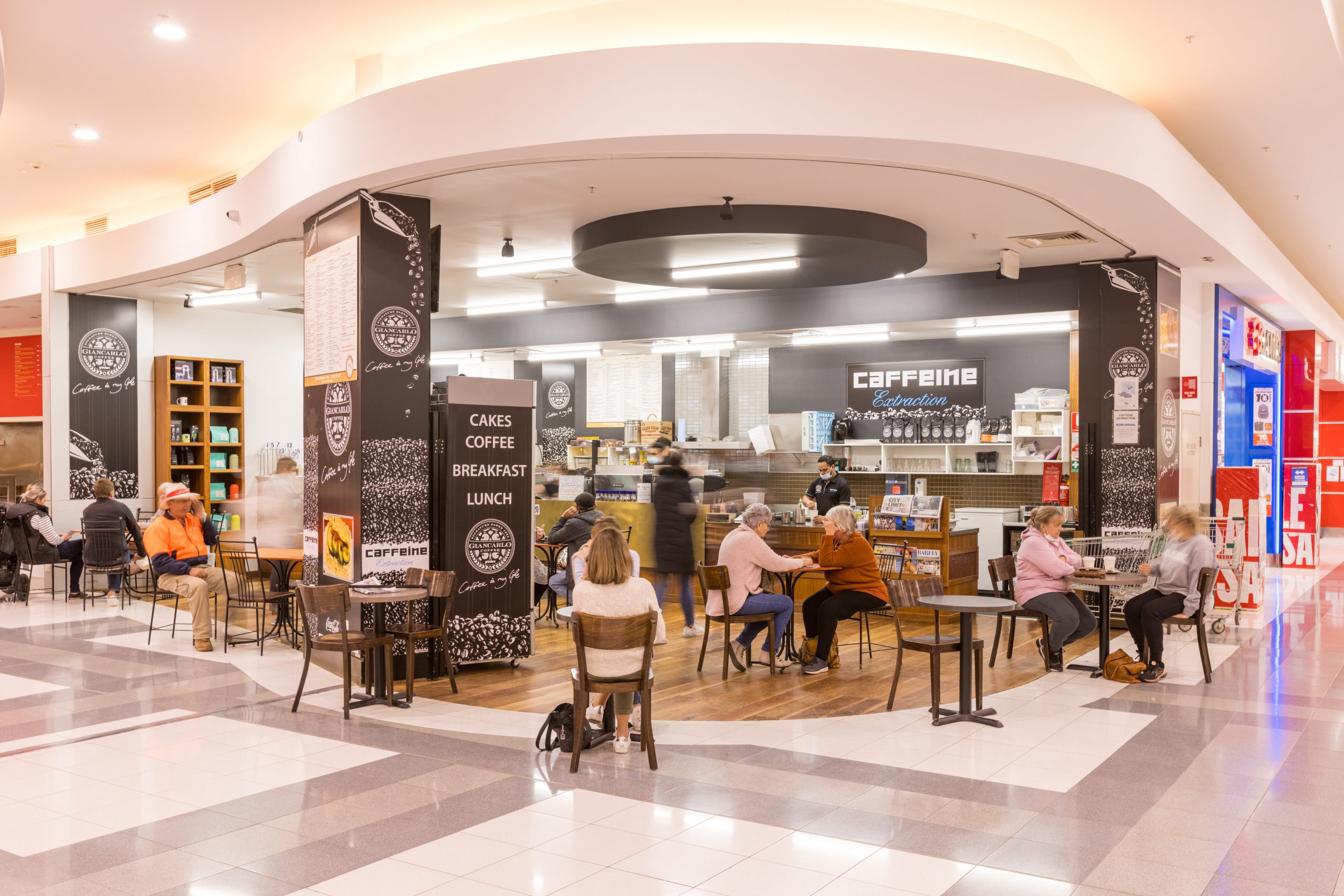 The Caffeine Extraction counter and seating in the Mildura Central food court